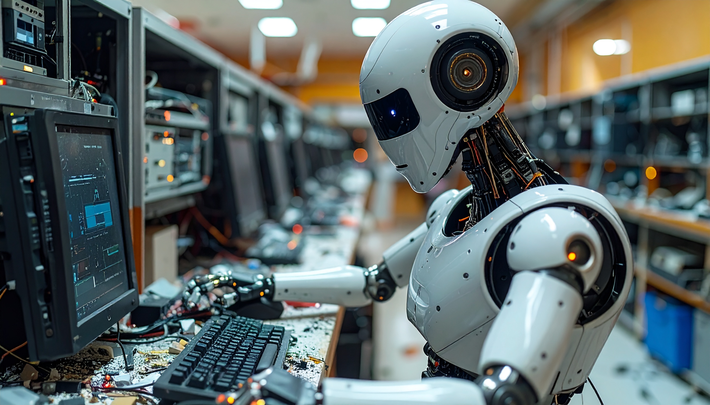 Robot technician repairing older computer systems in a lab